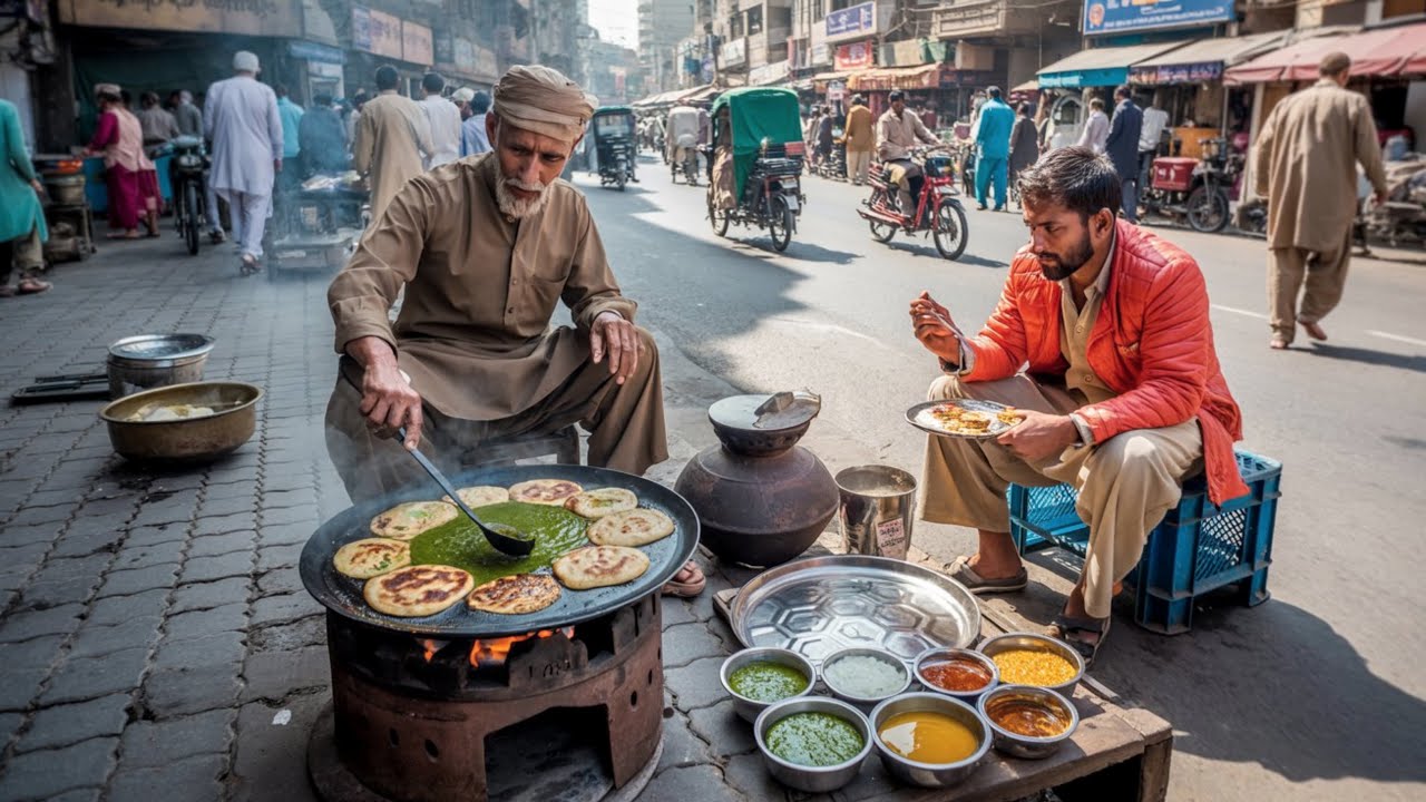 PAKISTANI PUNJABI STREET FOOD BREAKFAST ALOO PARATHA WITH SAAG | PAKISTAN STREET FOOD
