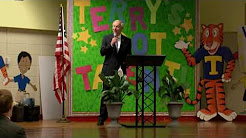 Governor Asa Hutchinson Visits Terry Elementary School, "Endless Opportunities" - Kindergarten at Alice Terry Elementary School, ELL paraprofessional Terry Morrison helping kindergarteners at Reilly Elementary, part of tour w/ co, DJ Teaze speaks at TG Terry Elementary School