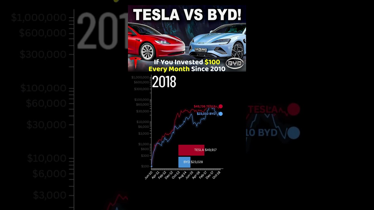Tesla vs BYD — $100 Every Month (2010–2025) 