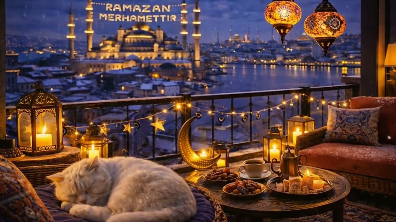Ramadan Night in Istanbul 🌙 Cozy Study Ambience with Snow, Cat & Lanterns | Deep Focus
