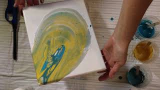 (69) Acrylic Pour Painting - Open Cup.  Yellow & Teal on White