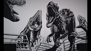 Speed Drawing Indominus Rex VS Mosasaur VS Rexy and Blue - Jurassic World End Battle