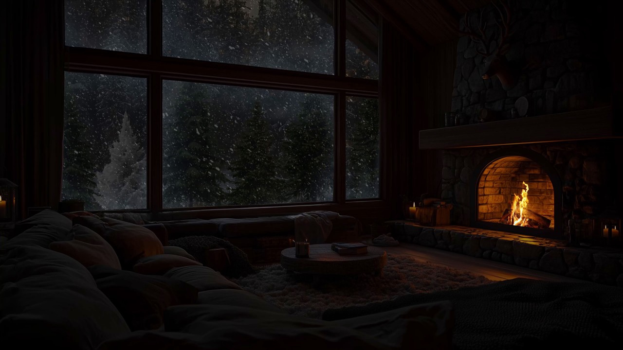 Cozy Winter Cabin Blizzard Night with Crackling Fireplace for Deep Sleep and Relaxation