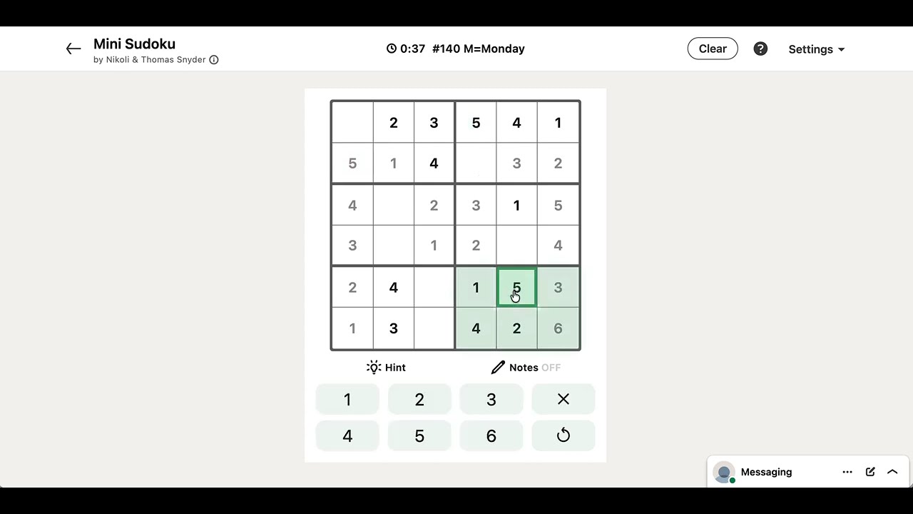 LinkedIn Mini Sudoku Answer Today #140 M=Monday