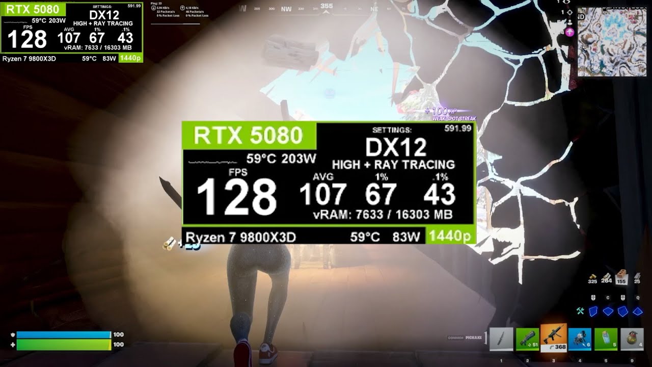 Fortnite: RTX 5080 + Ryzen 7 9800X3D 1440p HIGH preset + Ray Tracing fps test chapter 7 season 1