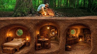 Building a Secret Dugout Between Two Oak Trees. Bushcraft, Survival Shelter