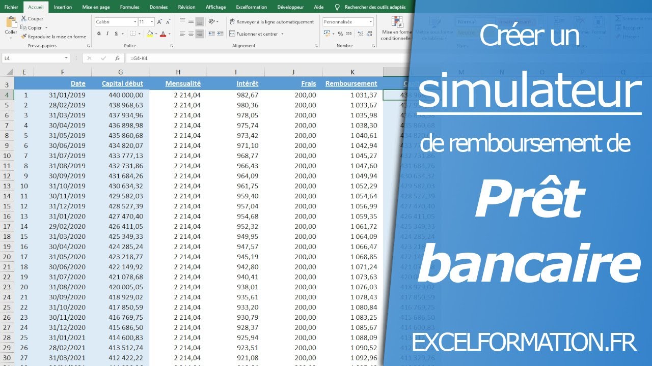 Comment crer un simulateur damortissement demprunt bancaire sur Excel remboursement de prt