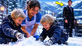 The maid took the twins to see snow for the first time... and the millionaire followed them.
