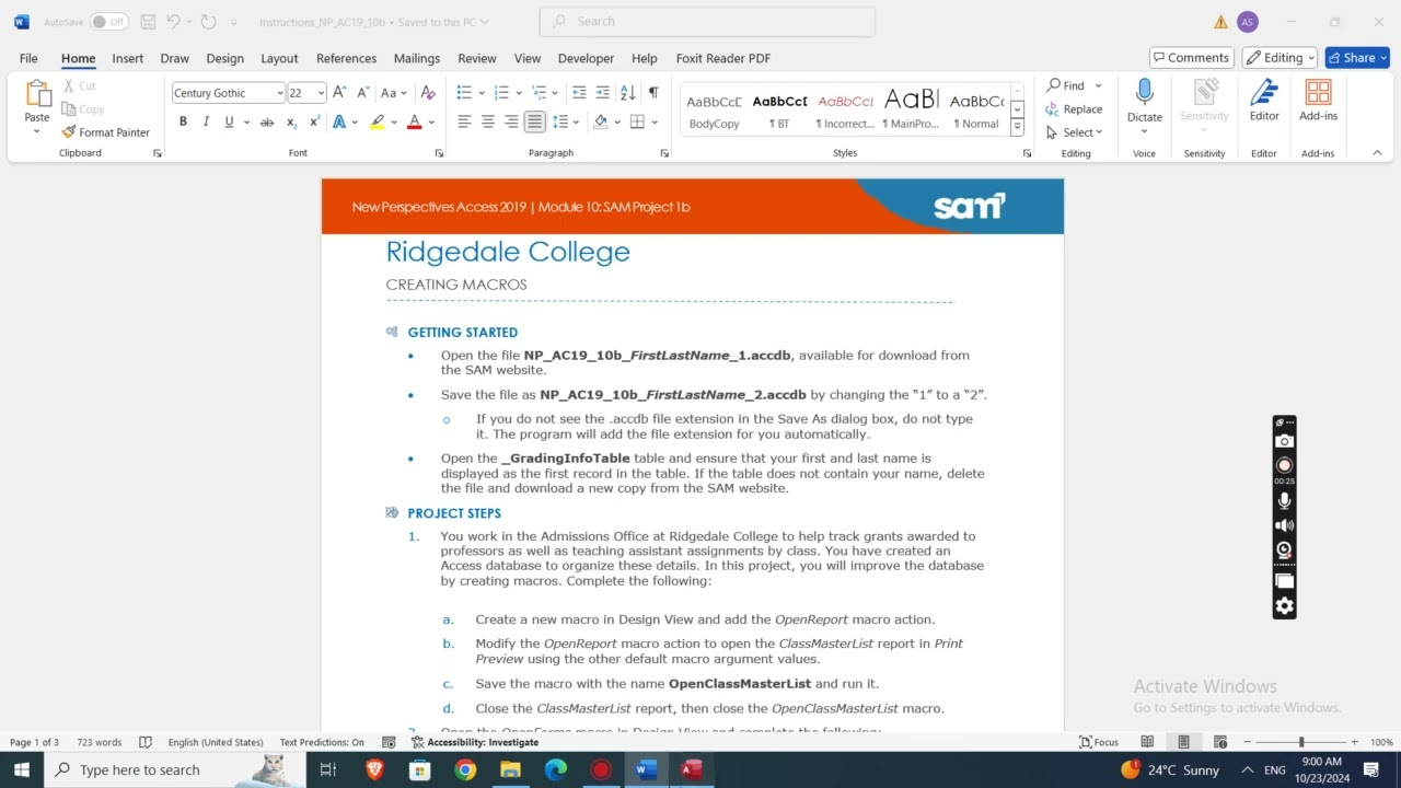 Access Module 10 SAM Project 1b | Ridgedale College | CREATING MACROS 