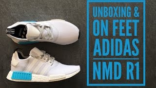 Adidas NMD R1 White-White-Bright Cyan | UNBOXING & ON FEET | fashion shoes | brandnew | 2016 | HD