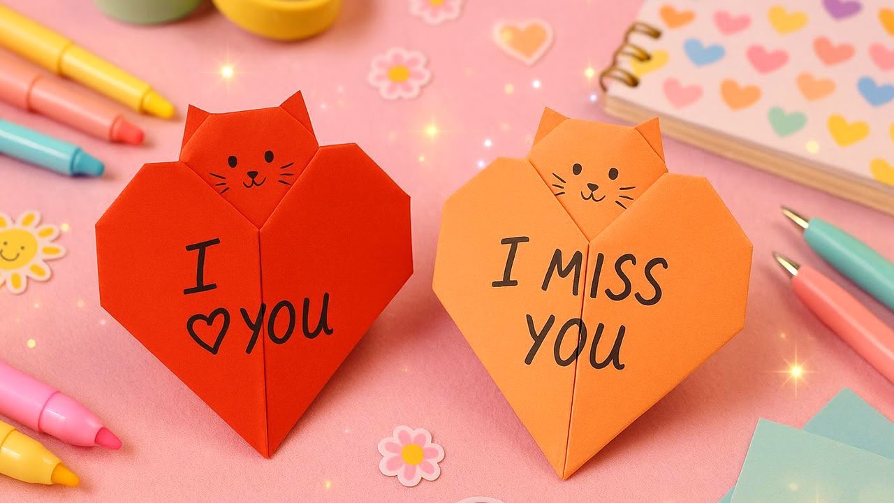 Origami Paper Cat and Heart Message Card | How to make Paper Message Card