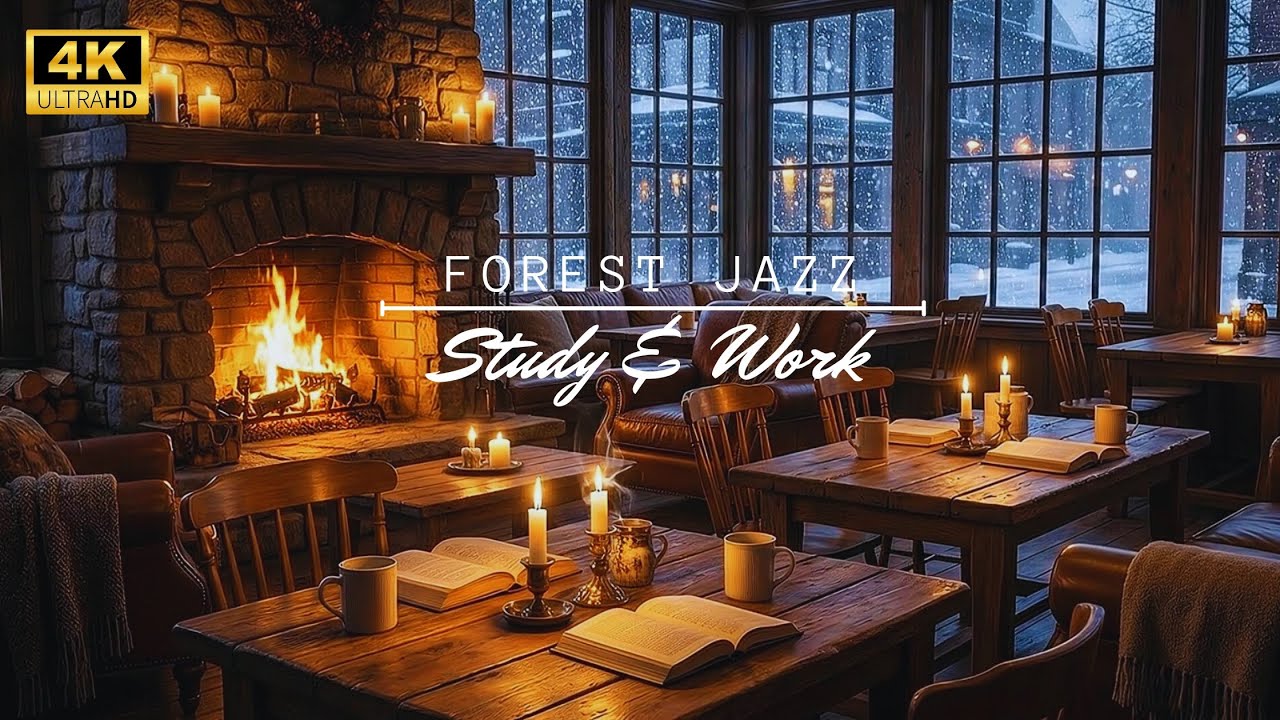 Relaxing Jazz Piano for Study, Work & Focus ☕ Cozy Winter Cabin Ambience with Crackling Fireplace 🔥