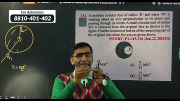 A uniform circular disc of radius  ′ 𝑅 ′ and mass  ′ 𝑀 ′ is rotating about an axis perpendicular to