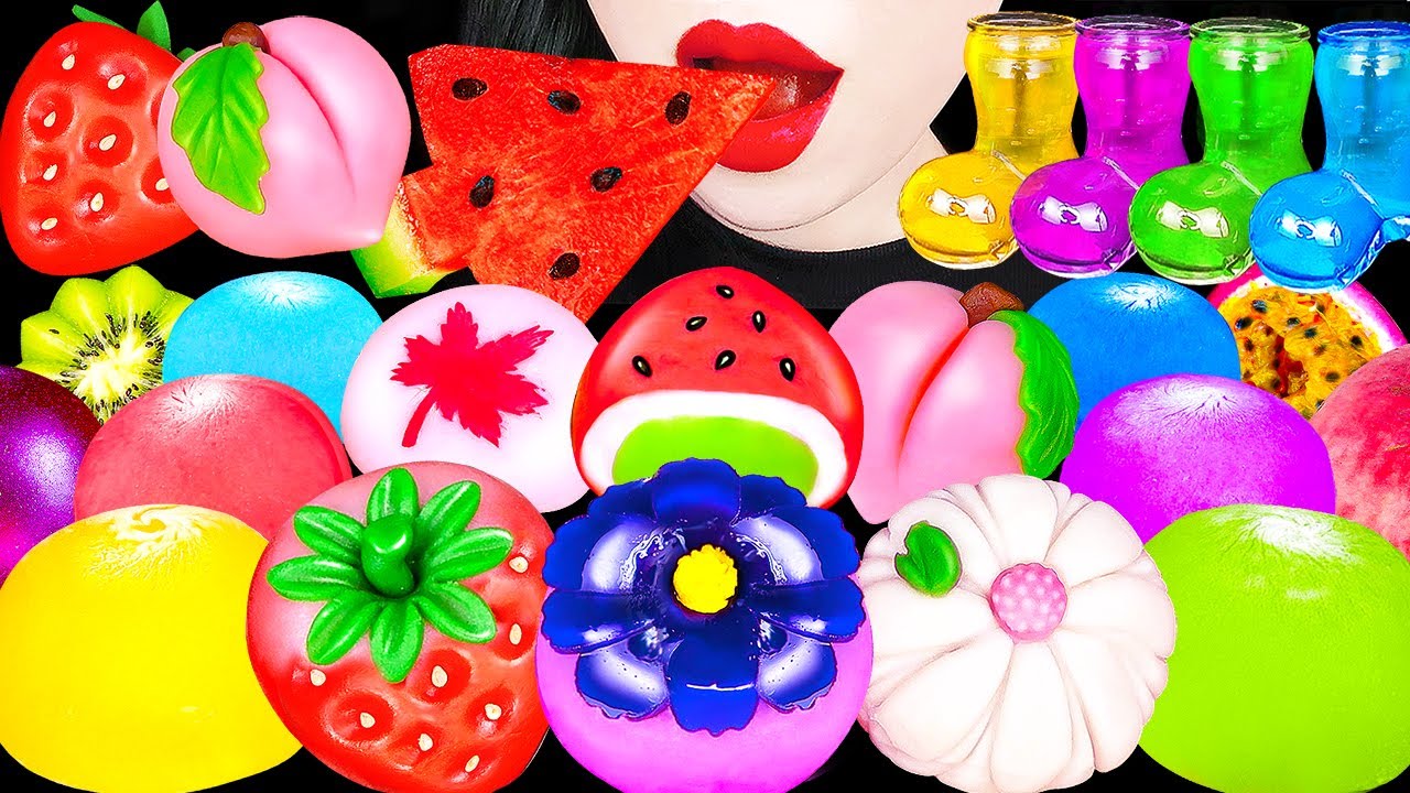 ASMR FRUITS RICE CAKE, RAINBOW DRINKS *STRAWBERRY, PEACH, WATERMELON 신기한 무지개 드링크, 과일 화과자 먹방 MUKBANG