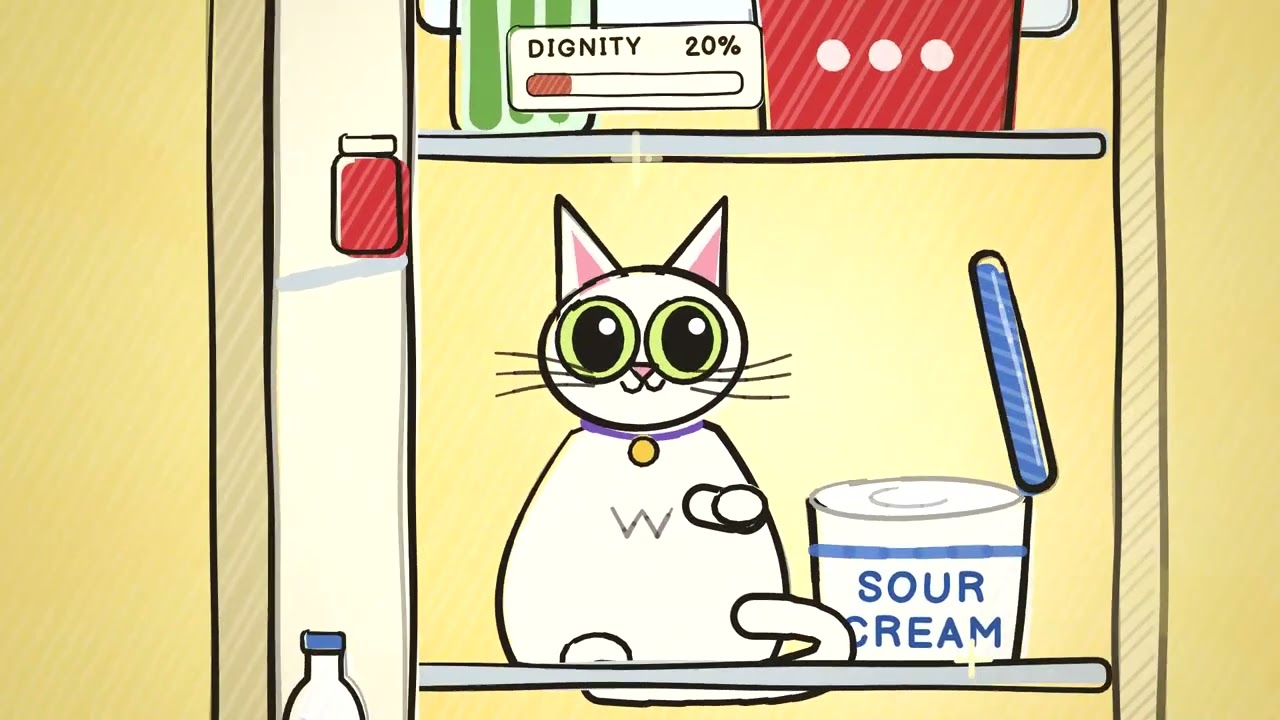 A hand-drawn cat in a fridge reaching for sour cream, with a dignity meter at 20%
