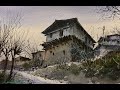 Watercolor Cityscape Painting - Village Scene