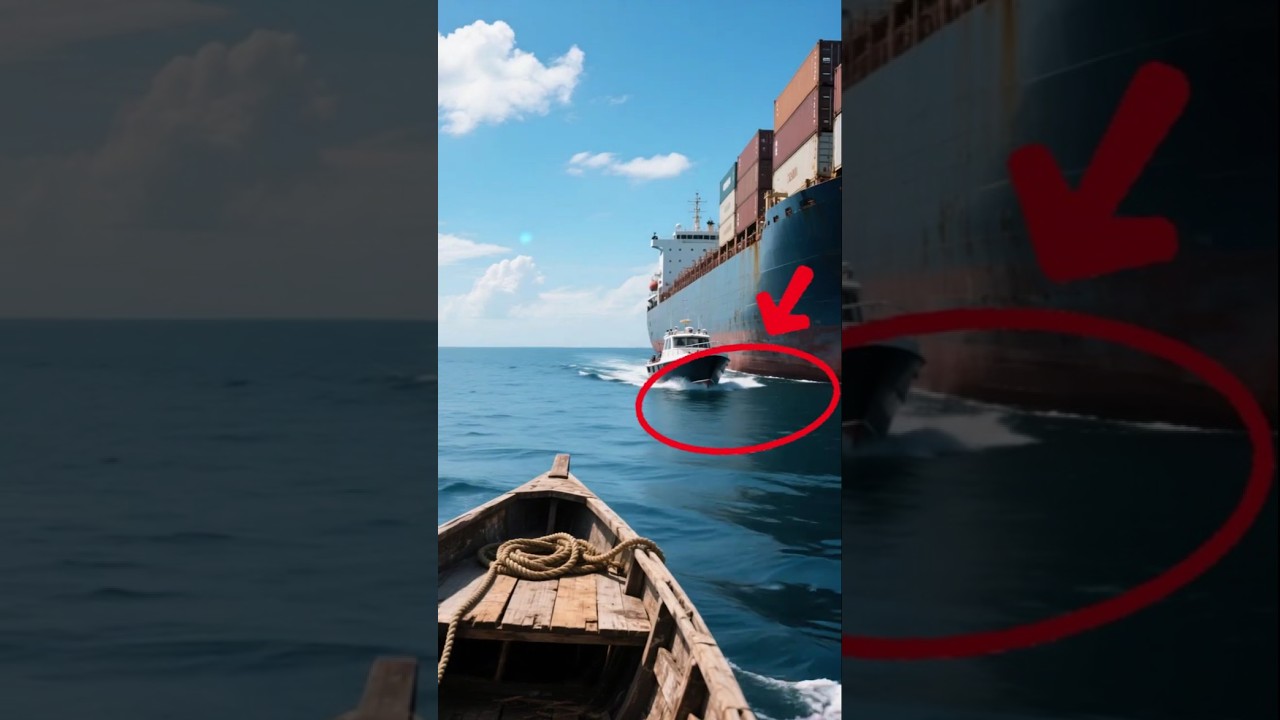 Wave Impact: Tiny Boat Slammed Against Cargo Giant. 