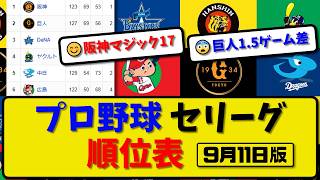 【最新】プロ野球セ・リーグ順位表 9月11日版｜広島1-6横浜｜阪神｜巨人｜ヤク｜中日｜【まとめ・なんJ・2ch】