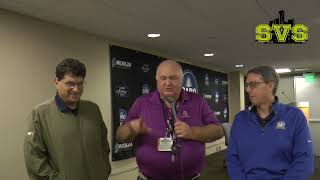 Roy J Akers of Sky View Sports talks to NASCAR reporters Bob Pockrass and Dustin Long