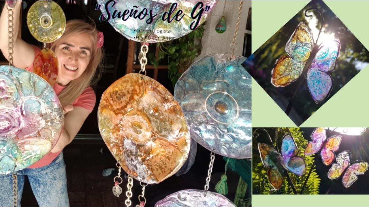 CÓMO hacer  COLGANTES móviles y tutores MARIPOSAS🦋 con DVD💿 laca vitral, bijou y sorbetes♻