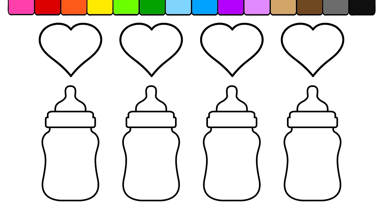 Learn Colors for Kids and Color 4 Heart Baby Bottles Coloring Page