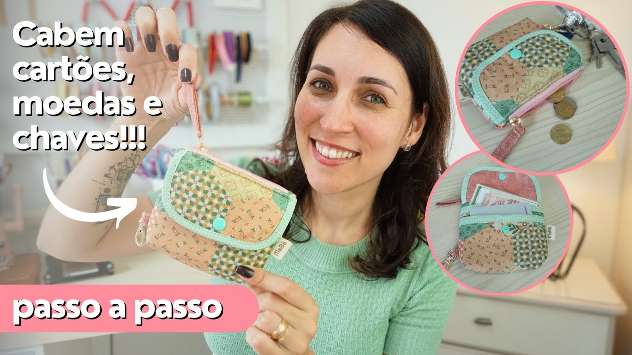CARTEIRINHA de TECIDO 3 EM 1: porta cartões, porta moedas e chaveiro | Passo a passo completo