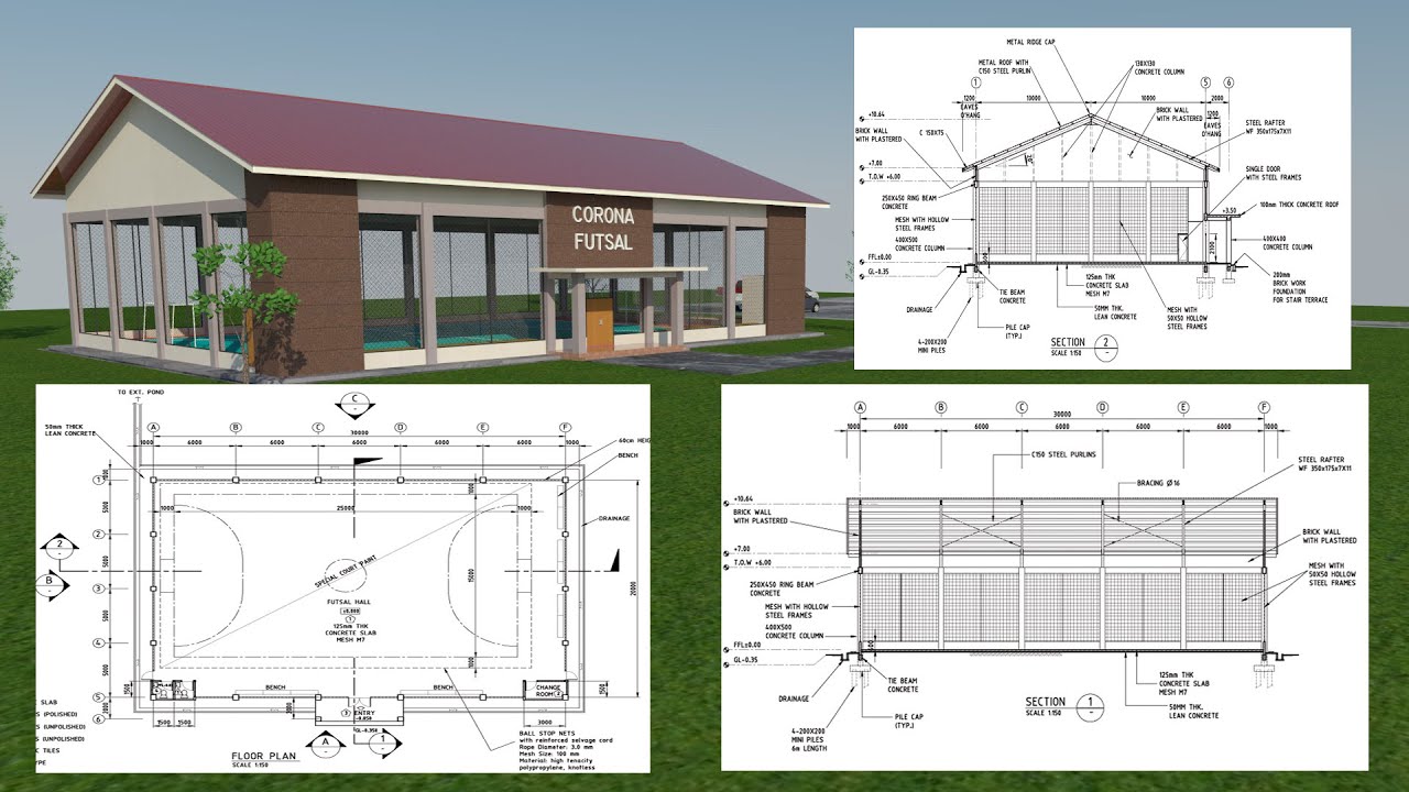 Desain Gedung Lapangan Futsal - 30m x 20m - YouTube