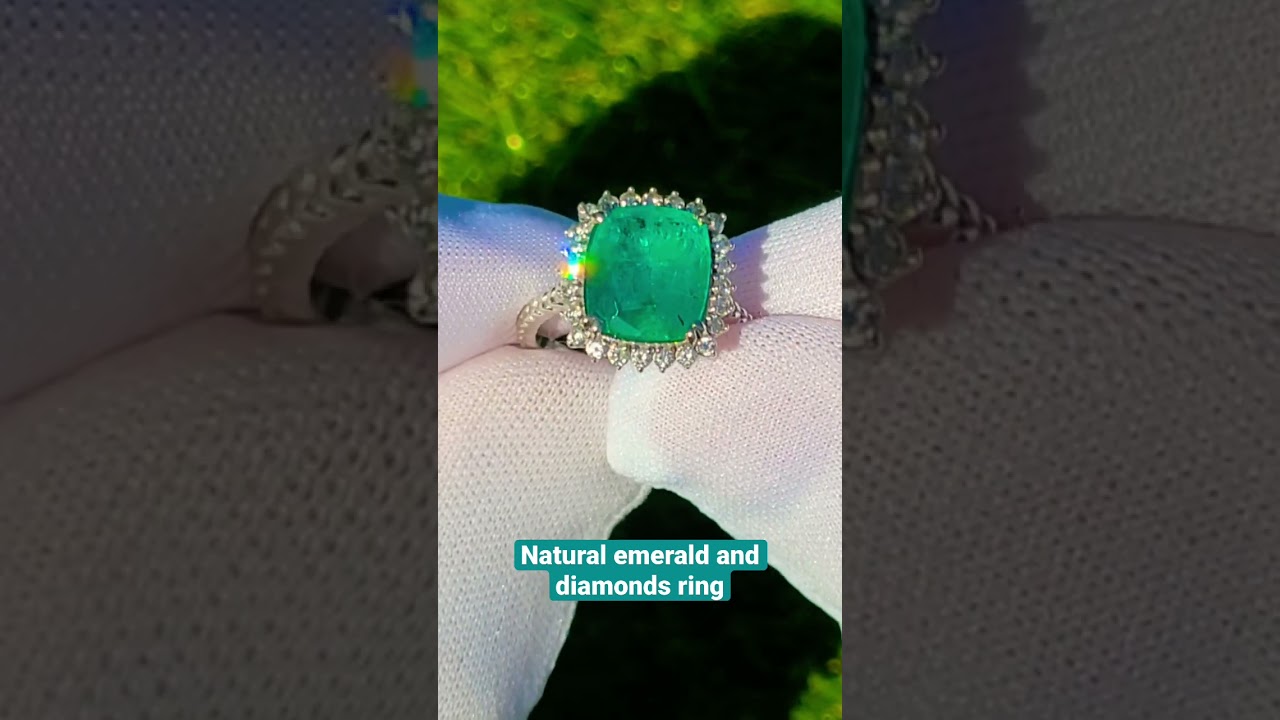 Natural emerald and diamonds ring, GIA certified, 14k white gold, 