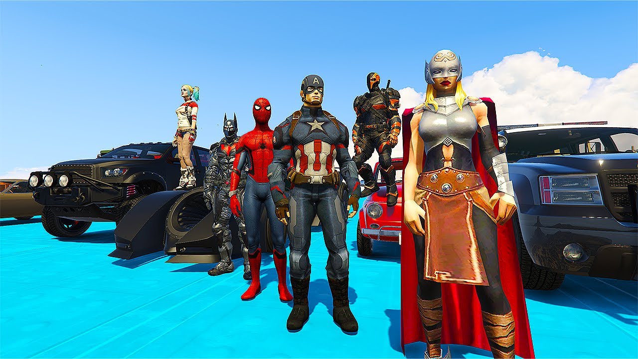 Super Heroes Cars VS Damage Parkour Challenge Spiderman - Thor - Batman - Captan America - GamePlay