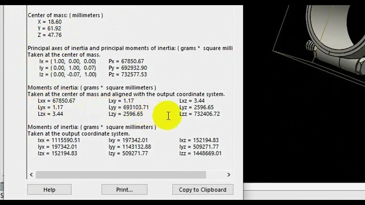 Locating Center of Mass and Mass moment of Inertia Using SolidWorks عزم القصور الذاتي