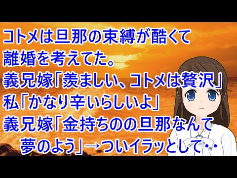 コトメは旦那の束縛が酷くて離婚を考えてた。義兄嫁「羨ましい、コトメさんは贅沢」私「かなり辛いらしいよ」義兄嫁「金持ちの医者の旦那なんて夢のよう」→ついイラッとして・・【修羅場】