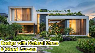 Luxury Resort-Style Home Design with Natural Stone & Wood Louvers | Green Roof Villa (1400 Sq ft)