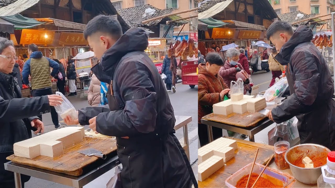 The stall sells tofu, which is freshly made and sold on January 8st.