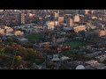 University of Toronto St. George campus aerial in autumn with King's College Circle and downtown