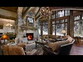 Crackling Fireplace in a Log Home - Cozy Cabin Ambience with Falling Snow