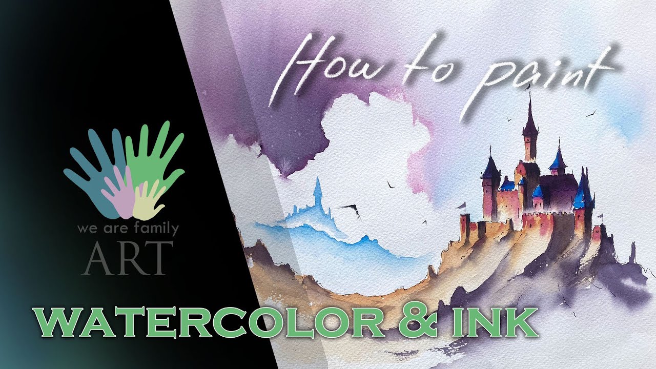 How to paint Line and wash watercolor landscape with a castle - YouTube