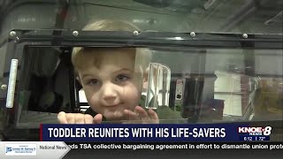 2 year old meets helicopter crew who saved his life after stabbing incident