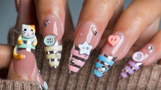 Pastel Stripe Button Nails🐱| 3D Cat Charm Tutorial + ASMR screenshot 1