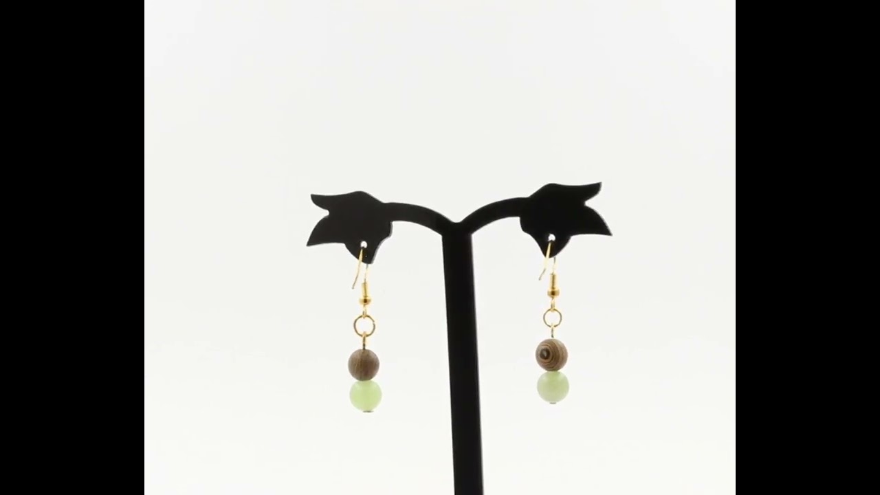 Golden Stainless steel Earrings Prehnite from Africa + wood 8 mm 2 Beads.