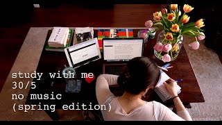 🌷📖 3-HR STUDY WITH ME | 30/5 POMODORO | ASMR, no music, bell + timer