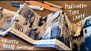 I Filled a Concertina Sketchbook with Haunted Houses 👻 | Timelapse