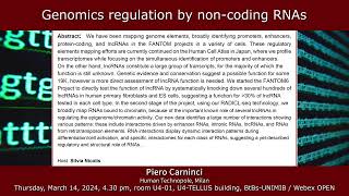 BtBs Seminar by Piero Carninci, Human Technopole - Genomics regulation by non-coding RNAs