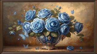 Elegant Blue Roses Painting 🌹 Vintage Floral Art Relaxing Background 4K Ambience TV Wallpaper screenshot 5