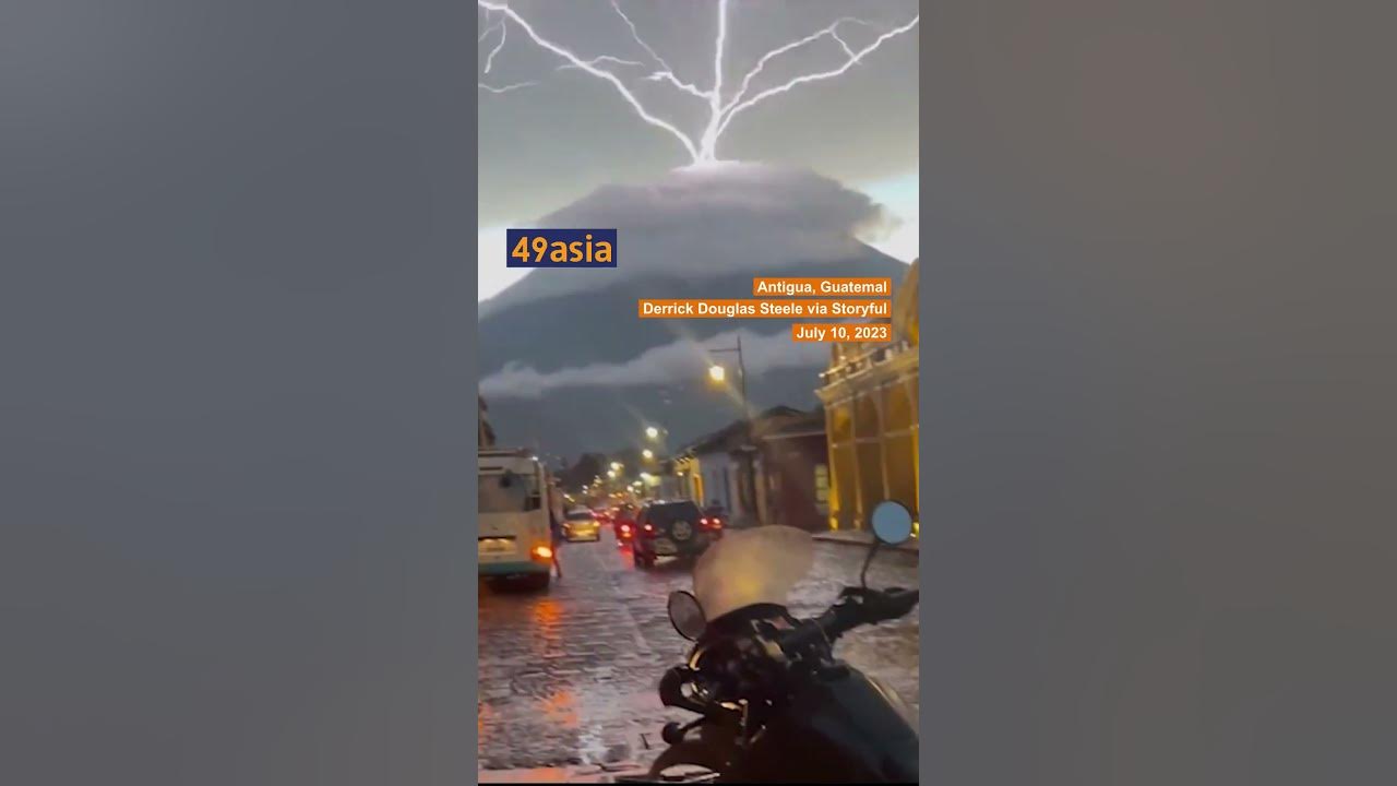 Lightning appears to strike upwards from a volcano in optical illusion