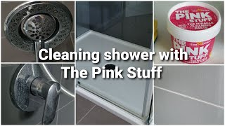 Cleaning glass shower with The Pink Stuff