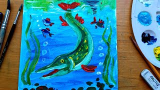 картинка: Рисуем щучку с осенним пейзажем гуашью 🛶🌿🐟🍂