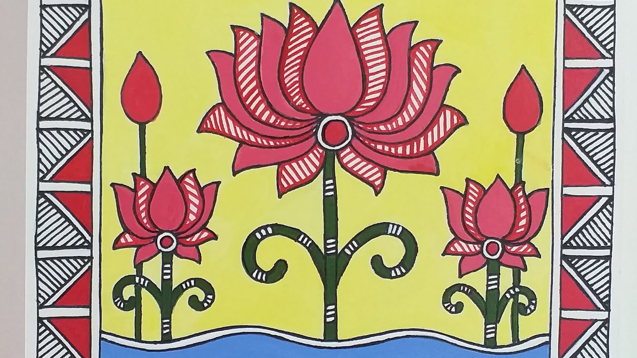Madhubani painting of lotus| lotus madhubani painting easy and ...