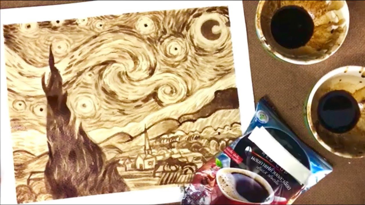 Ep.15 The Starry Night Coffee Painting | สอนวาดภาพจากสี