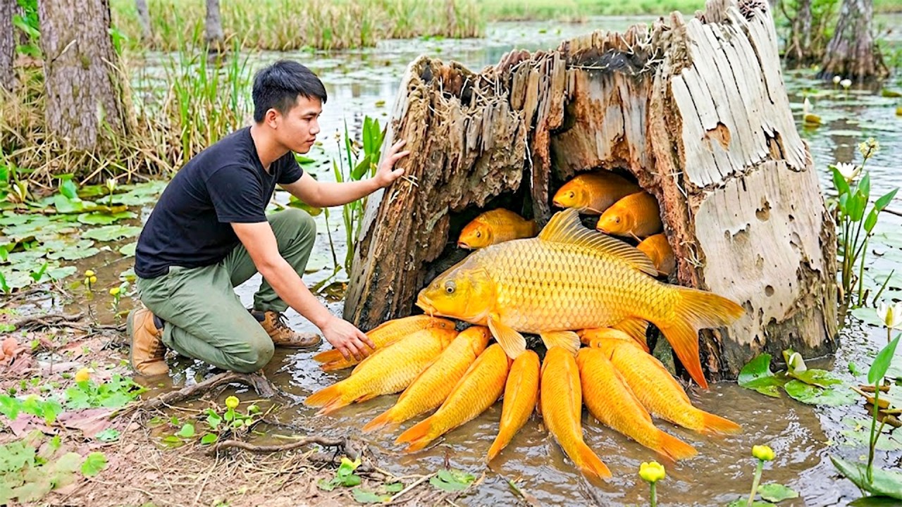 Catching Many Golden Carp At The Farm And Goes To Market Sell — Animal Care And Forest Cooking