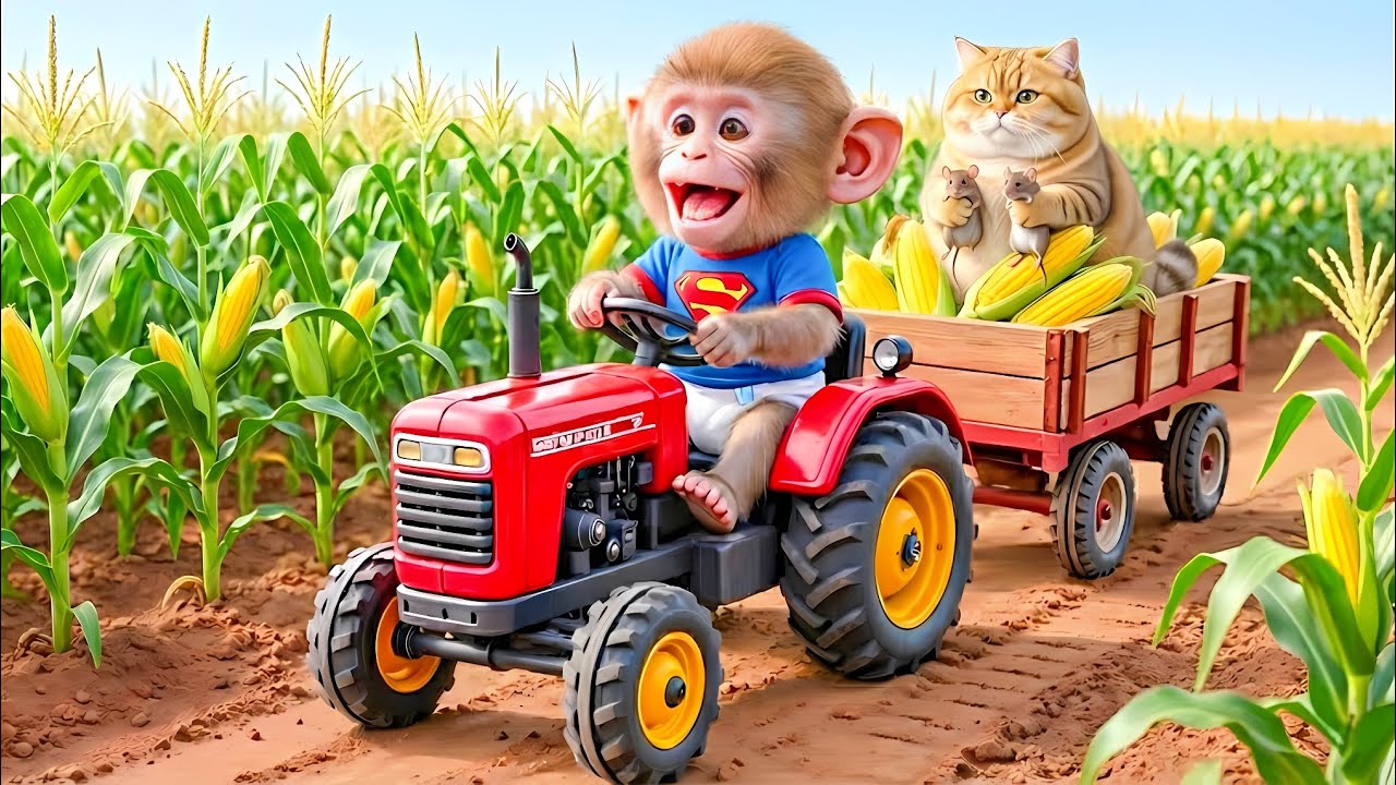 Farmer monkey drives a tractor to harvest corn and the cat eyes the mice that destroy it!